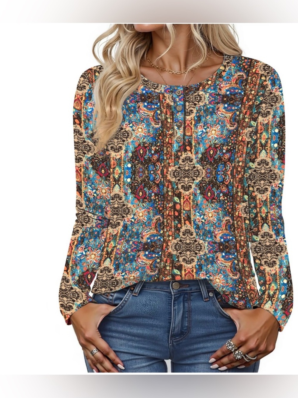 Women's Boho Paisley Long-Sleeve Blouse - Multicolor